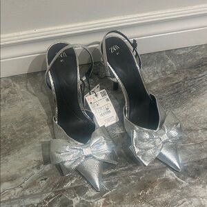 Zara Metallic Silver Women's Heels with Bow